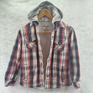 Ariat Boys Hooded Flannel Grey Orange Blue Shirt Jacket Plaid Button Down Medium
